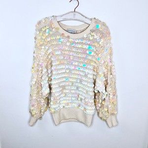 Vintage Semplice Pailette Sequin Dolman Sleeve Cream Sweater 1980s 80s Medium